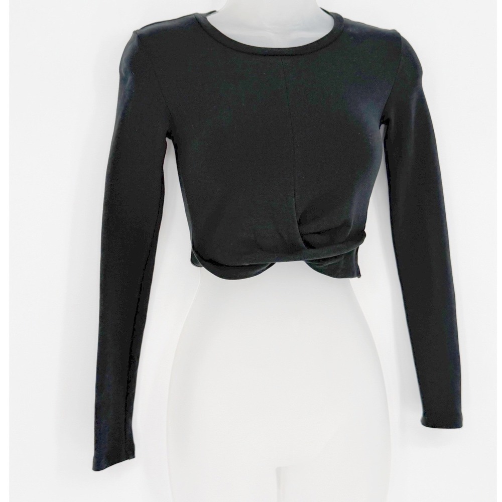 Zara Black Ribbed Twist Front Crop Top Long Sleeve Crew Neck S Preppy 101-15 - Picture 9 of 11